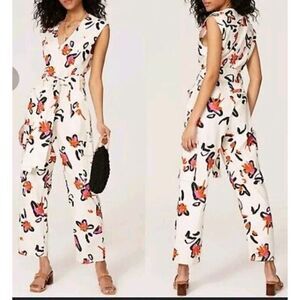 TANYA TAYLOR Margot Jumpsuit Womens 0 Ivory‎ Orange Floral Linen Blend Pockets